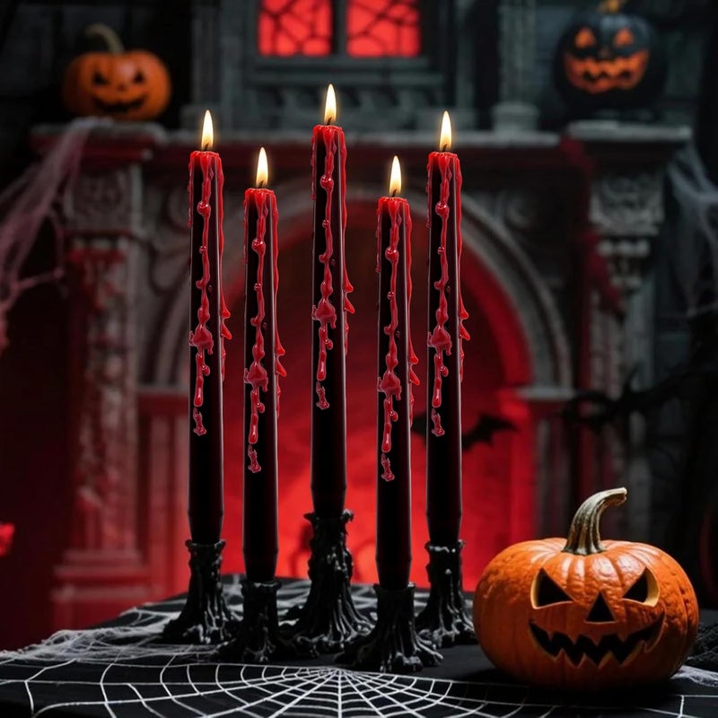 SOUNDVALUE 8 Pack Vampire Tears Taper Candles, 10 inch Tall Bleeding Candles, Unscented Black Tapered Candlesticks, Spooky Blood Drip Candle Set for Halloween Party Gothic Home Decorations - Image 2